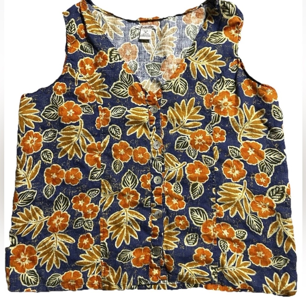 100% Linen Floral Button-Front Tank Top - Navy & Orange